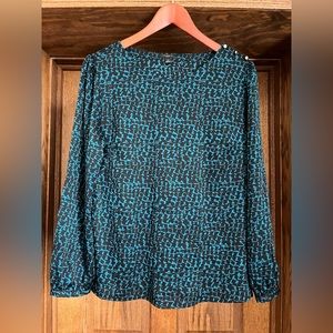 Ann Taylor Teal & Black Print Long Sleeve Blouse - Petite Large